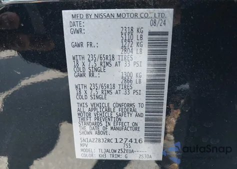 2024 Nissan Murano Sv Fwd из США, поврежденный, VIN 5N1AZ2BJ2RC127416